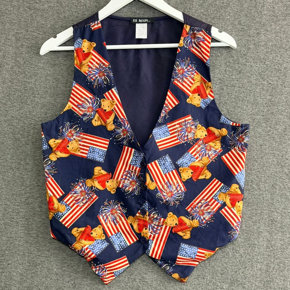 Vintage 111 Main Womens Patriotic Teddy Bear Flag Vest Sz M USA Americana 90's - Picture 2 of 11